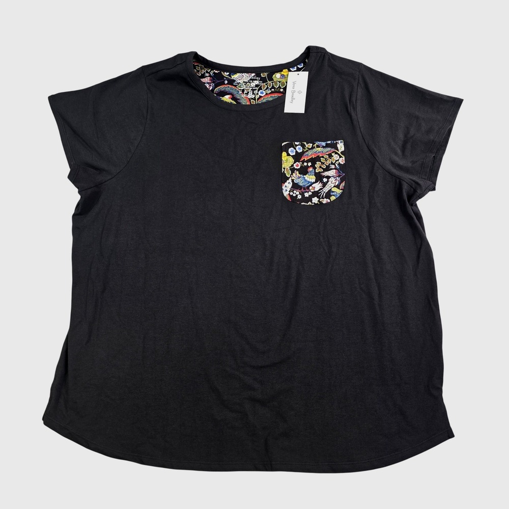 Vera Bradley Pajama Tee Women 2XL Black French Hens Floral Bird Pocket Lounge